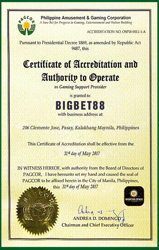 Chứng chỉ pháp lý của Bigbet88 được cấp bởi PAGCOR